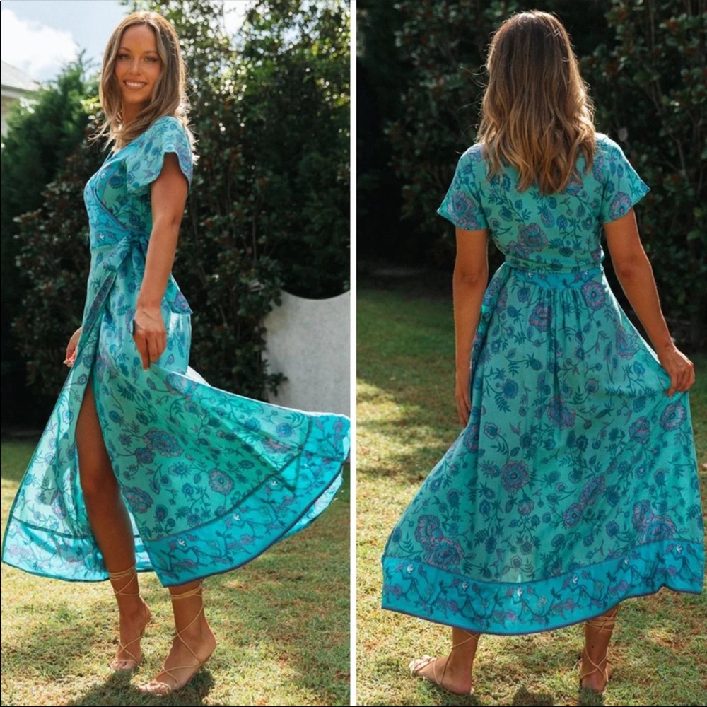 Boho Floral Gypsy Print Maxi Wrap Dress Yellow - Picture 5 of 5